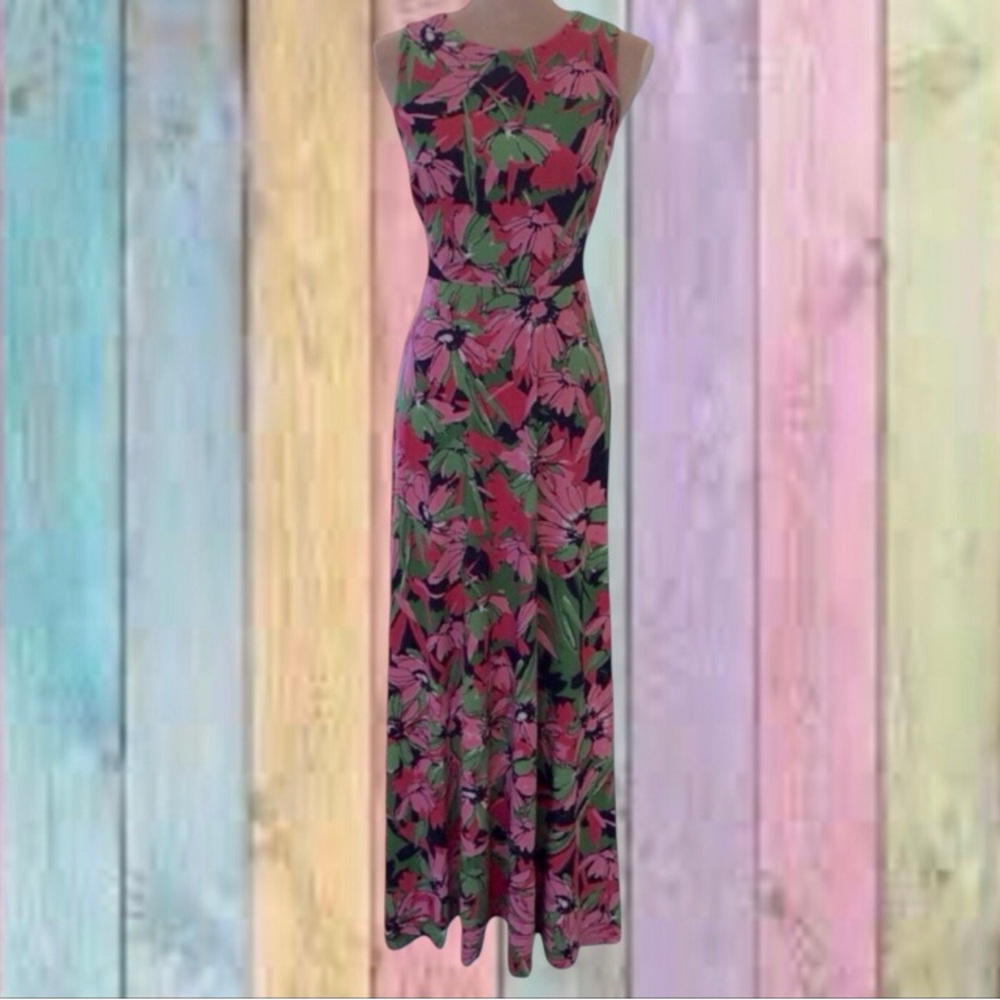 Taylor Navy Blue Pink Floral Sleeveless Maxi Dress
